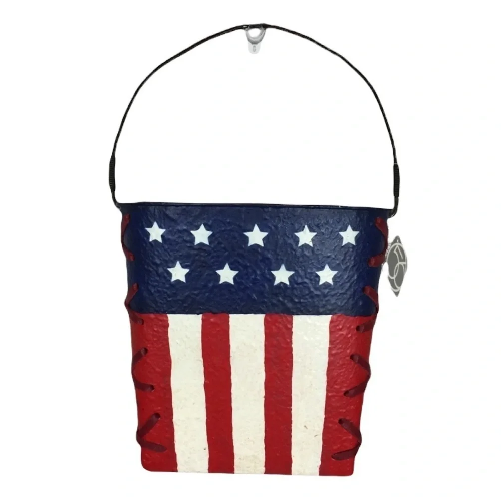 Dept. 56 Painted Flag Hanging Metal Bucket Door Decoration with Flowers New